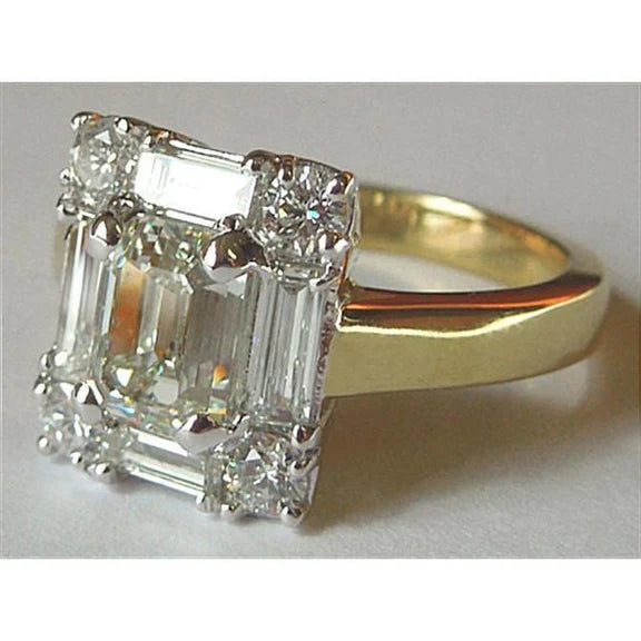 Bague De Fiançailles Réel Diamant Femme Taille Emeraude 3.11 Carats Bicolore