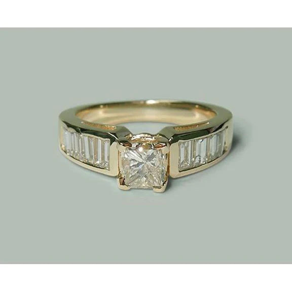 Bague De Fiançailles Réel Diamant Princesse Et Baguette De 1.50 Ct En Or Jaune