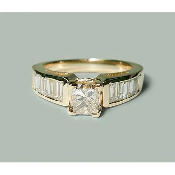 Bague De Fiançailles Réel Diamant Princesse Et Baguette De 1.50 Ct En Or Jaune