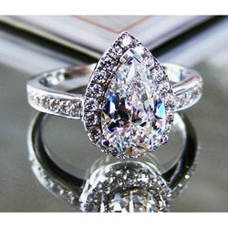 Bague De Fiançailles Réel Diamants Taille Poire Et Ronds 2.90 Carats Or Blanc 14K