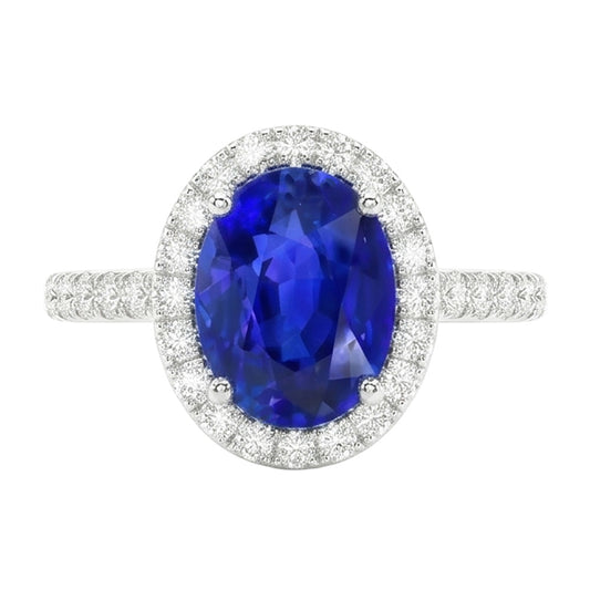 Bague De Fiançailles Saphir Avec Halo De Diamants Naturels Extraits des Mines ( et non cultivés en laboratoire )