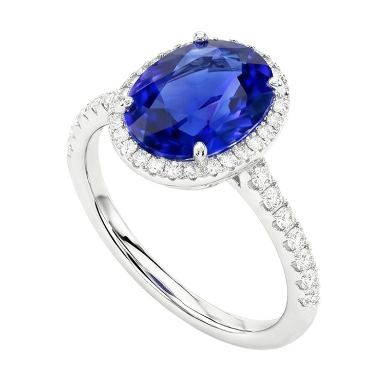 Bague De Fiançailles Saphir Avec Halo De Diamants Naturels Extraits des Mines ( et non cultivés en laboratoire )