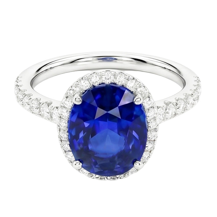 Bague De Fiançailles Saphir Avec Halo De Diamants Naturels Extraits des Mines ( et non cultivés en laboratoire )