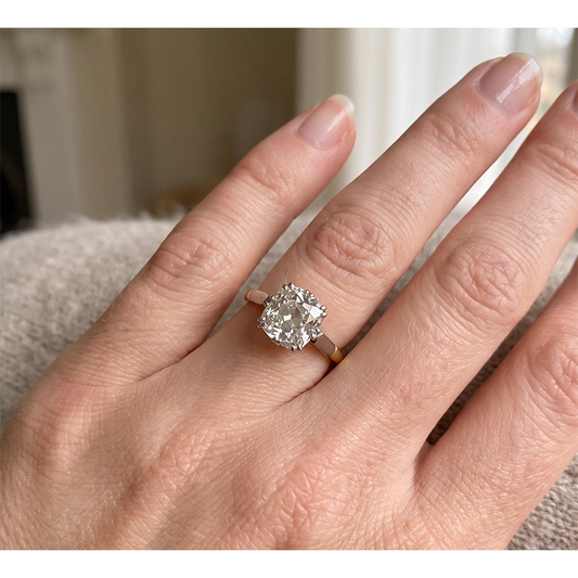 Bague De Fiançailles Solitaire Deux Tons Naturel Diamant Coussin Taille Ancienne 3 Carats