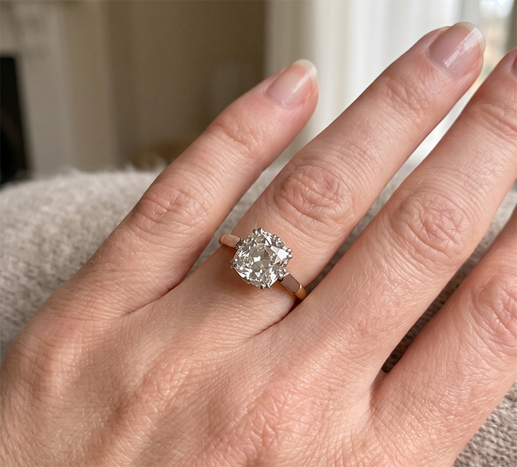 Bague De Fiançailles Solitaire Deux Tons Naturel Diamant Coussin Taille Ancienne 3 Carats