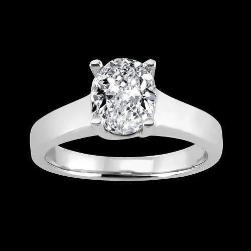Bague De Fiançailles Solitaire Réel Diamant Ovale 2 Carats Or Blanc 14K