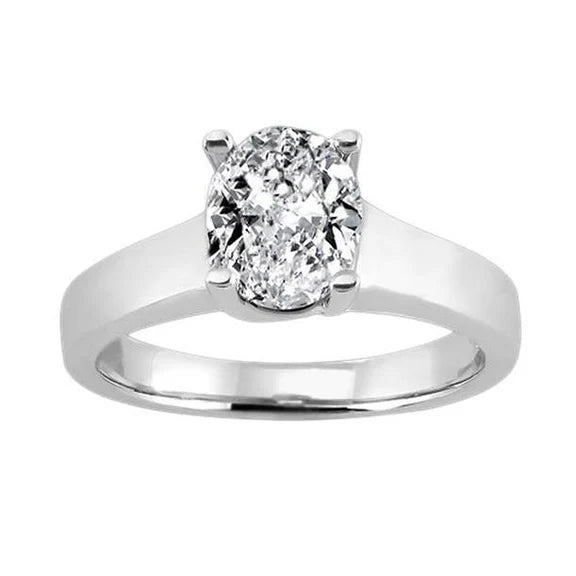 Bague De Fiançailles Solitaire Réel Diamant Ovale 2 Carats Or Blanc 14K
