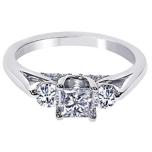 Bague De Fiançailles Style 3 Pierres Réel Diamant 1.35 Carats Or Blanc 14K