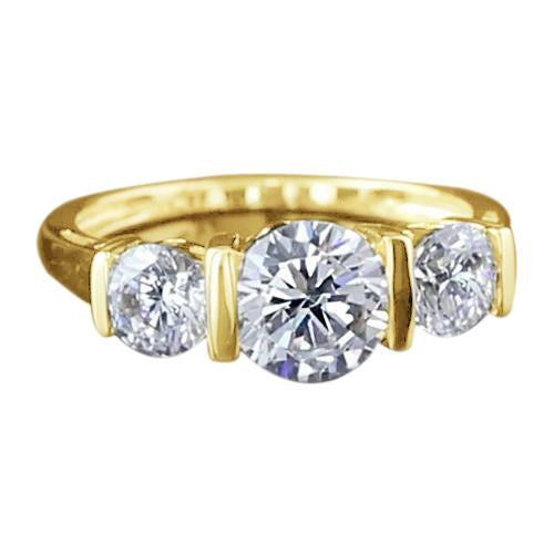 Bague De Fiançailles Véritable Diamant Rond 3 Pierres Or Jaune 14K 3 Carats