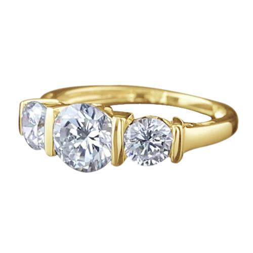 Bague De Fiançailles Véritable Diamant Rond 3 Pierres Or Jaune 14K 3 Carats