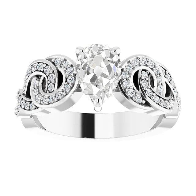 Bague De Fiançailles Véritable Diamant Taille Ancienne Poire Style Noeud Or Blanc 5.70 Carats