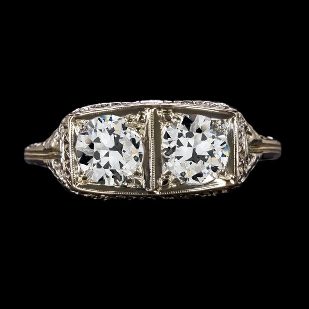 Bague De Mariage 3 Carats 2 Pierres Réel Diamant Taille Ancienne Mine Or Bijoux Femme