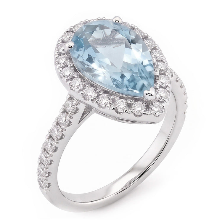 Bague De Mariage Aigue-marine Et Diamants Naturels Extraits des Mines ( et non cultivés en laboratoire ) En Forme De Poire 14 Ct Or Blanc 14K
