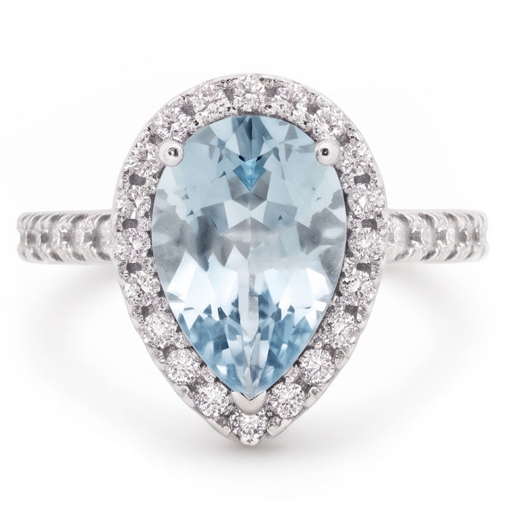 Bague De Mariage Aigue-marine Et Diamants Naturels Extraits des Mines ( et non cultivés en laboratoire ) En Forme De Poire 14 Ct Or Blanc 14K