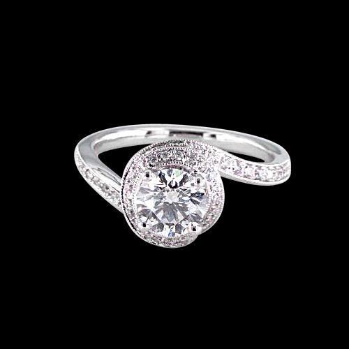 Bague De Mariage De Style Antique Avec Véritable Diamants Ronds De 1.38 Carats. Or Blanc 14K