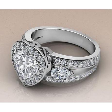 Bague De Mariage De Style Trois Pierres Halo Réel Diamond Or 14K