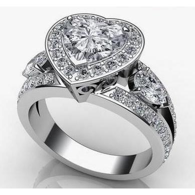 Bague De Mariage De Style Trois Pierres Halo Réel Diamond Or 14K