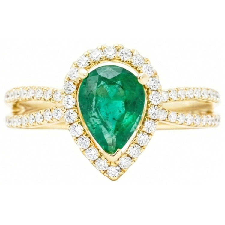 Bague De Mariage En Or Jaune 14K Et Diamants Naturels Extraits des Mines ( et non cultivés en laboratoire ) Taille Poire Emeraude Vert 5 Ct