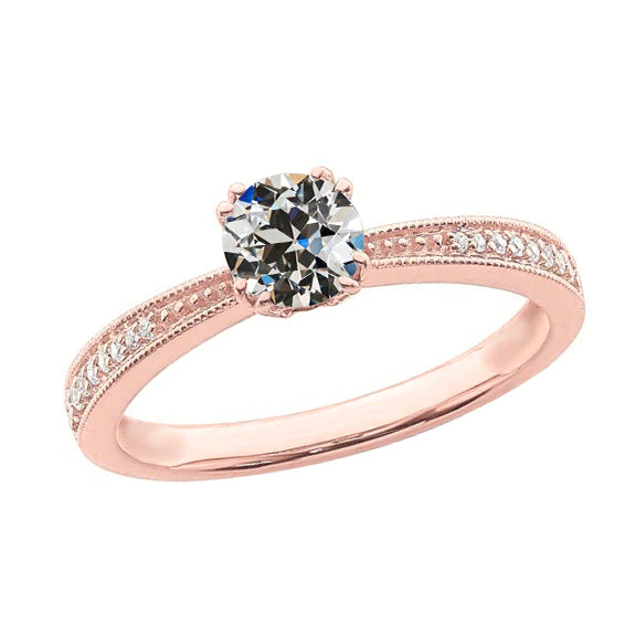 Bague De Mariage Réel Diamant Rond Ancien Mineur n Or 2.75 Carats Tige Conique