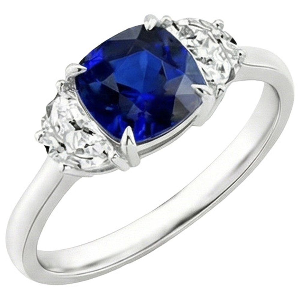 Bague Demi Lune Diamant Naturels Extraits des Mines ( et non cultivés en laboratoire ) Or & Coussin Saphir Ceylan 3 Pierres 3 Carats