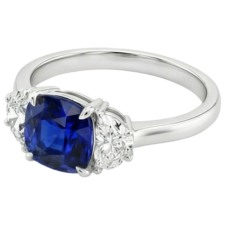 Bague Demi Lune Diamant Naturels Extraits des Mines ( et non cultivés en laboratoire ) Or & Coussin Saphir Ceylan 3 Pierres 3 Carats