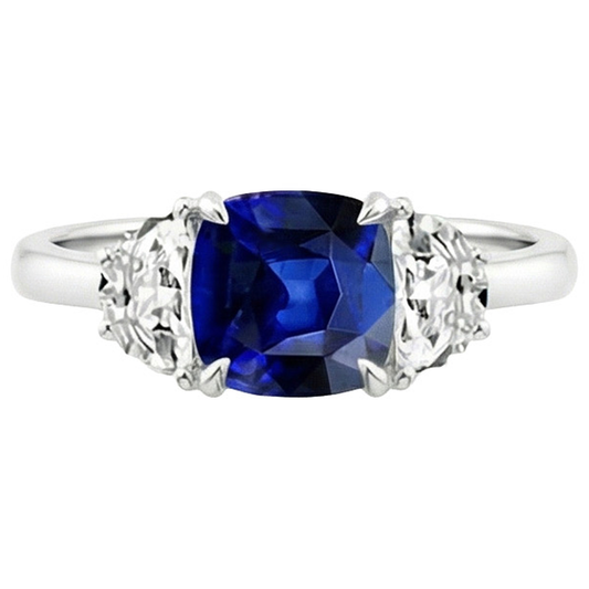 Bague Demi Lune Diamant Naturels Extraits des Mines ( et non cultivés en laboratoire ) Or & Coussin Saphir Ceylan 3 Pierres 3 Carats