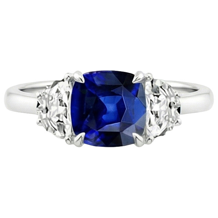 Bague Demi Lune Diamant Naturels Extraits des Mines ( et non cultivés en laboratoire ) Or & Coussin Saphir Ceylan 3 Pierres 3 Carats