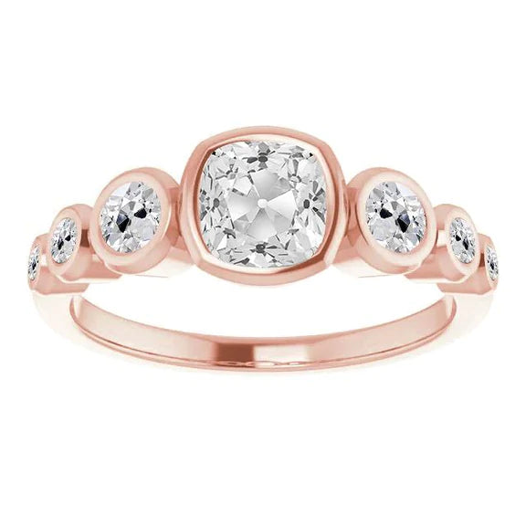 Bague Demi-éternité Coussin Réel Diamant Taille Ancienne Bulle 5,50 Carats