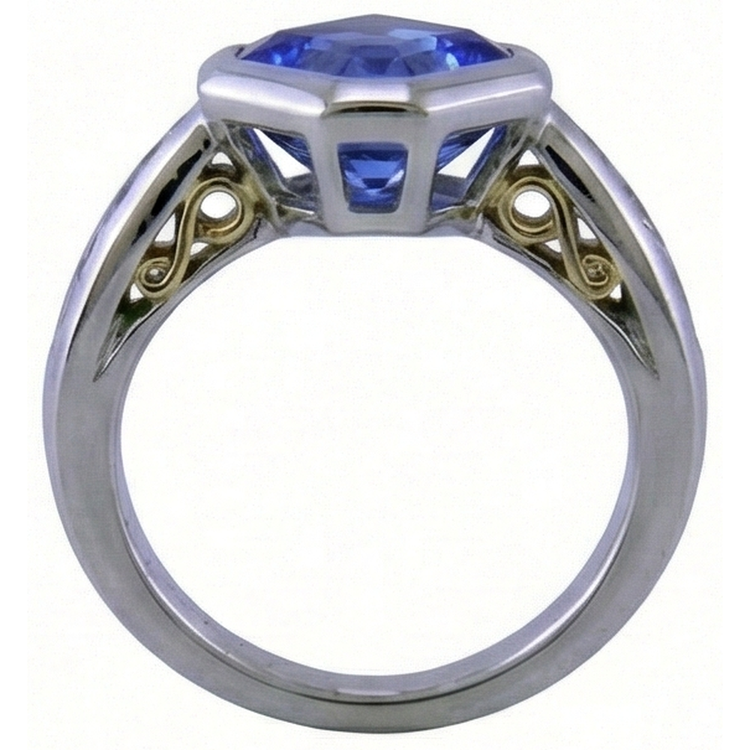 Bague Deux Tons Or Emeraude Tanzanite Diamant Naturels Extraits des Mines ( et non cultivés en laboratoire ) Lunette 3.75 Carats