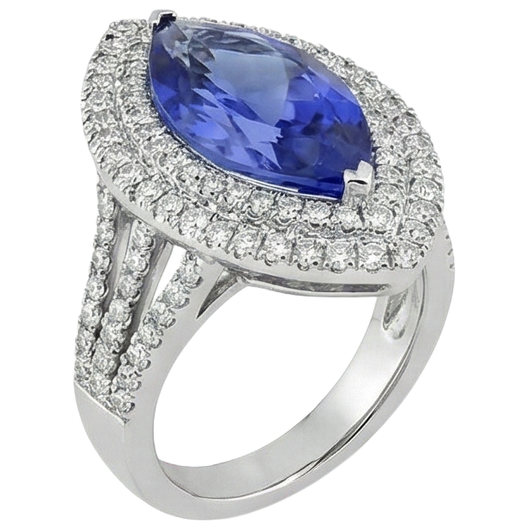 Bague Diamant 6 Ct Avec Pierre Tanzanite Taille Marquise Or Blanc 14K