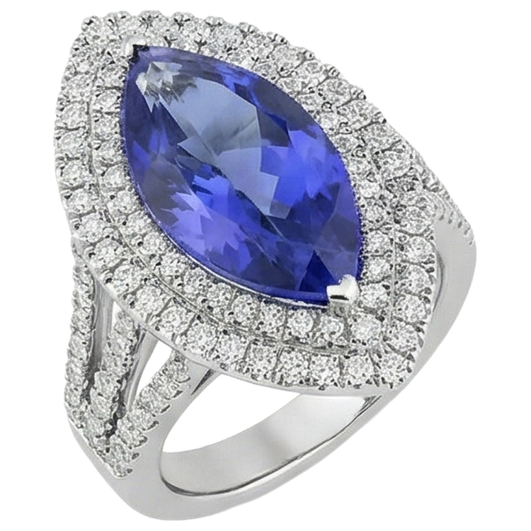 Bague Diamant 6 Ct Avec Pierre Tanzanite Taille Marquise Or Blanc 14K