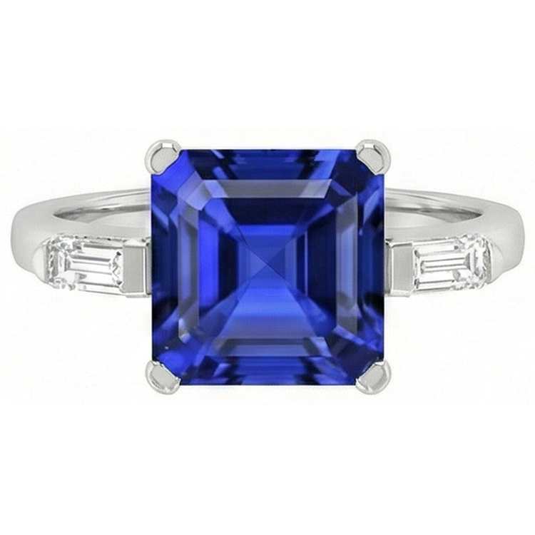 Bague Diamant Baguette 3 Pierres Asscher Saphir Bleu Ceylan 4 Carats