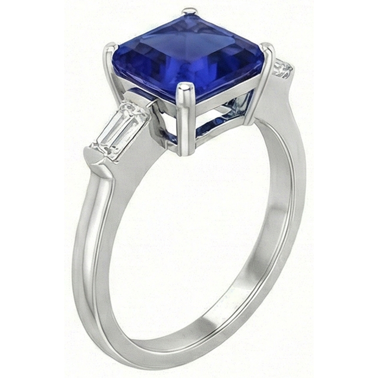 Bague Diamant Baguette 3 Pierres Asscher Saphir Bleu Ceylan 4 Carats