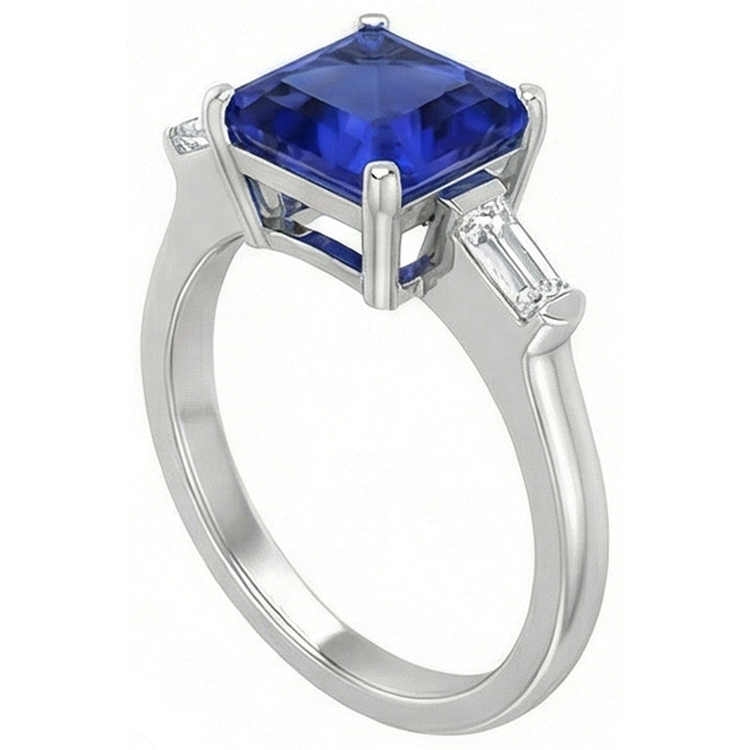 Bague Diamant Baguette 3 Pierres Asscher Saphir Bleu Ceylan 4 Carats
