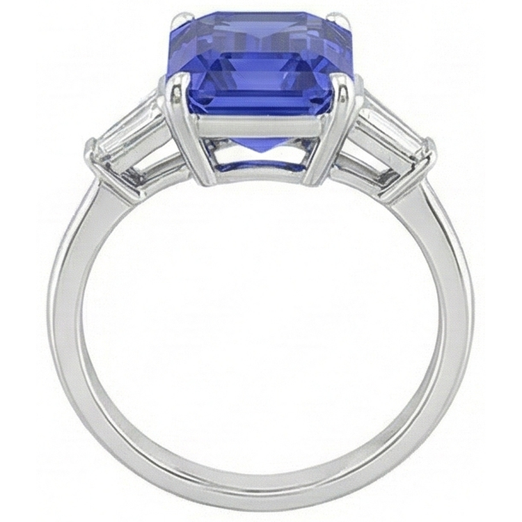 Bague Diamant Baguette 3 Pierres Taille Émeraude Saphir De Ceylan 2.75 Carats