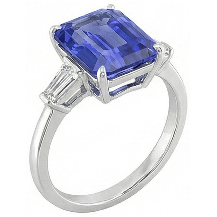 Bague Diamant Baguette 3 Pierres Taille Émeraude Saphir De Ceylan 2.75 Carats