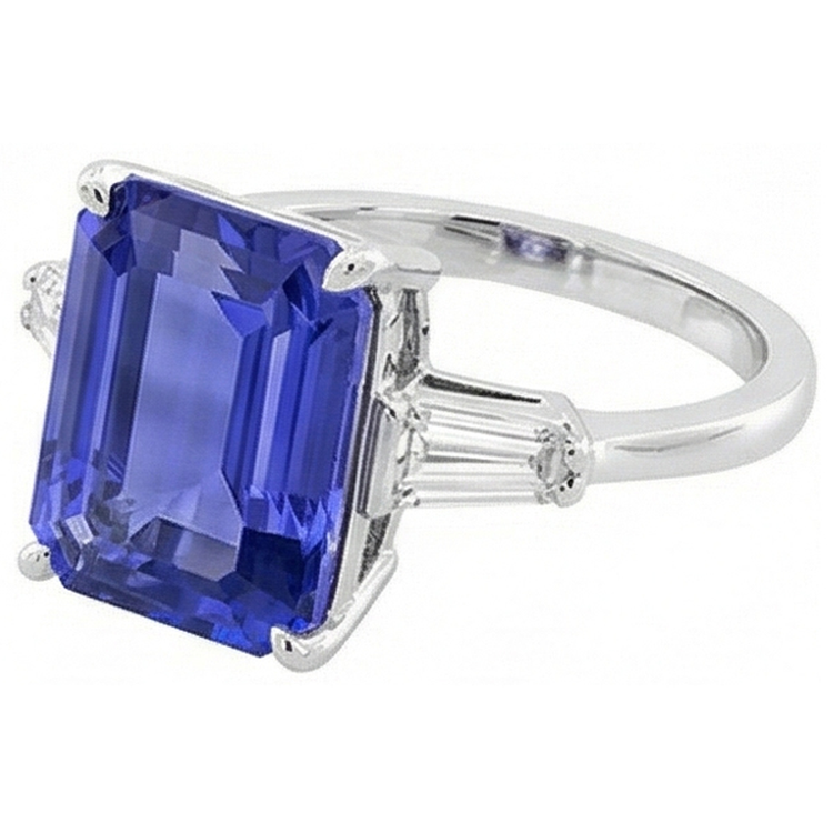 Bague Diamant Baguette 3 Pierres Taille Émeraude Saphir De Ceylan 2.75 Carats
