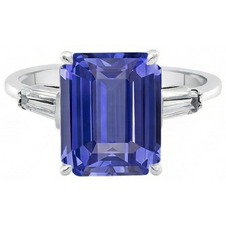Bague Diamant Baguette 3 Pierres Taille Émeraude Saphir De Ceylan 2.75 Carats