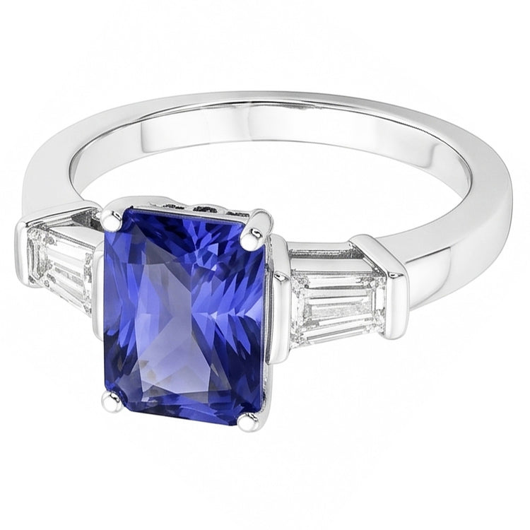 Bague Diamant Baguette Or 3 Pierres Saphir Ceylan Bijoux 2.50 Carats