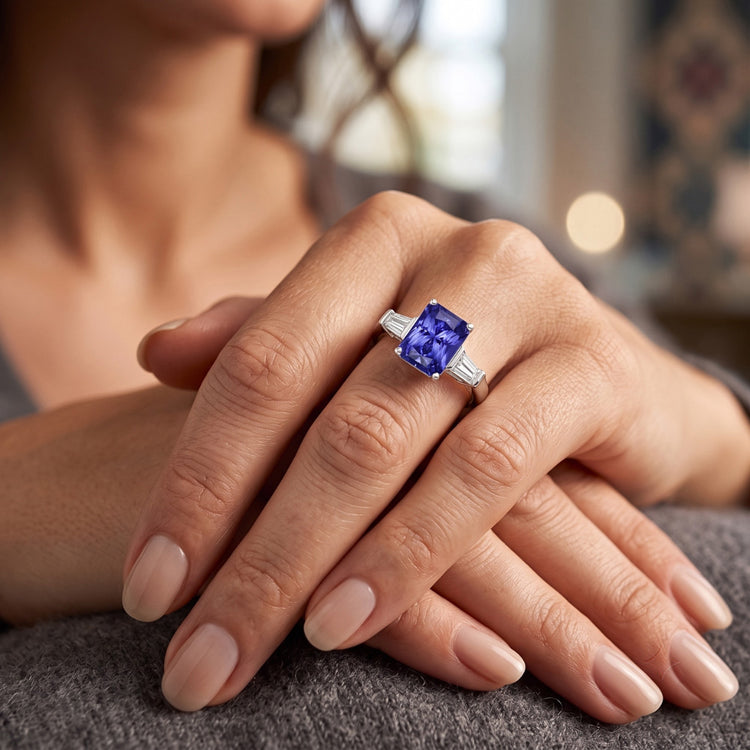 Bague Diamant Baguette Or 3 Pierres Saphir Ceylan Bijoux 2.50 Carats