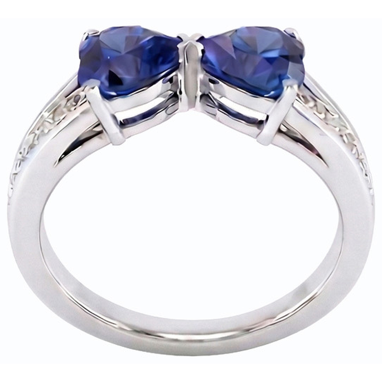 Bague Diamant Coeur 2 Pierre Saphir Bleu 3.50 Carats Or 14K Bijoux