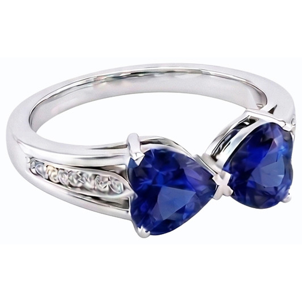 Bague Diamant Coeur 2 Pierre Saphir Bleu 3.50 Carats Or 14K Bijoux