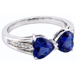 Bague Diamant Coeur 2 Pierre Saphir Bleu 3.50 Carats Or 14K Bijoux