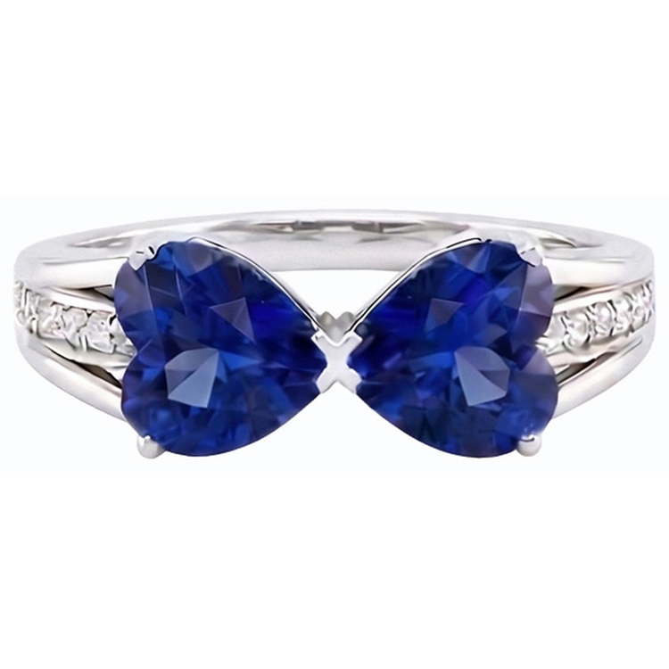 Bague Diamant Coeur 2 Pierre Saphir Bleu 3.50 Carats Or 14K Bijoux