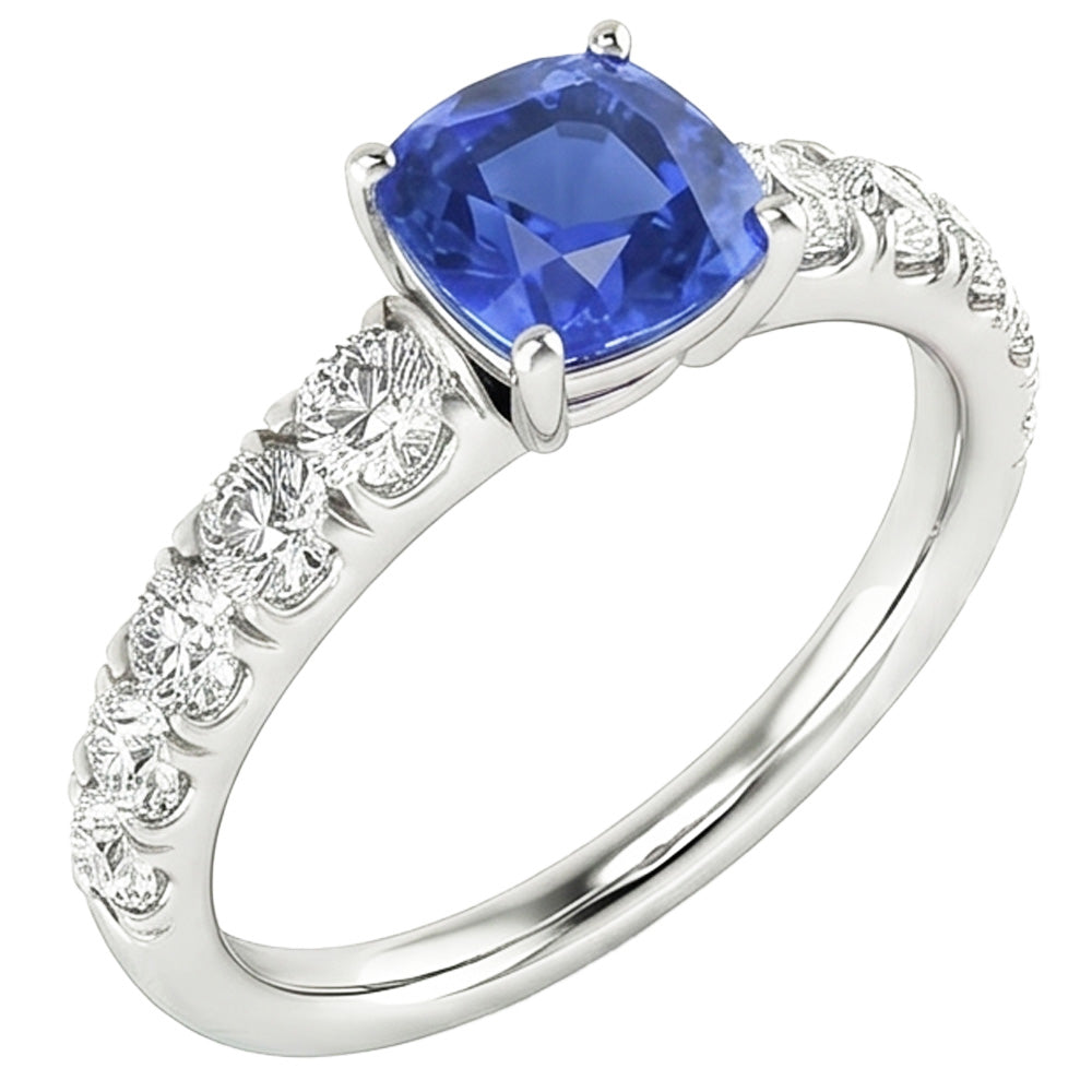 Bague Diamant Coussin Bleu Saphir 3 Carats Or Blanc 14K Bijoux