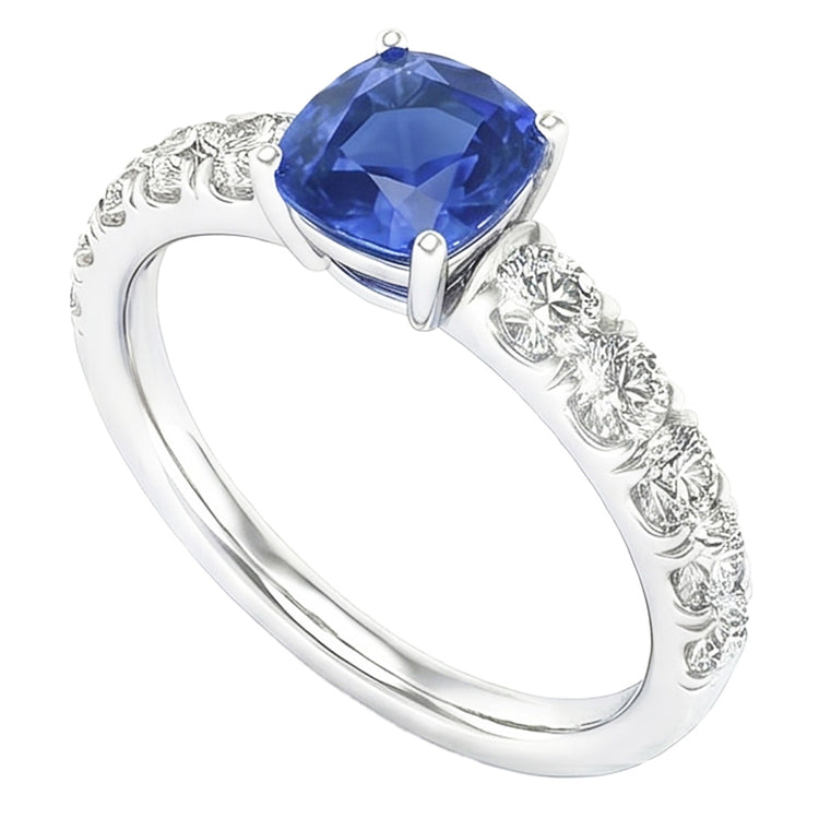 Bague Diamant Coussin Bleu Saphir 3 Carats Or Blanc 14K Bijoux