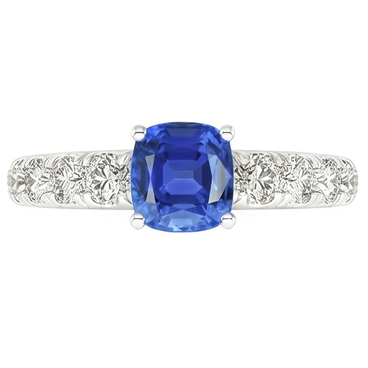 Bague Diamant Coussin Bleu Saphir 3 Carats Or Blanc 14K Bijoux