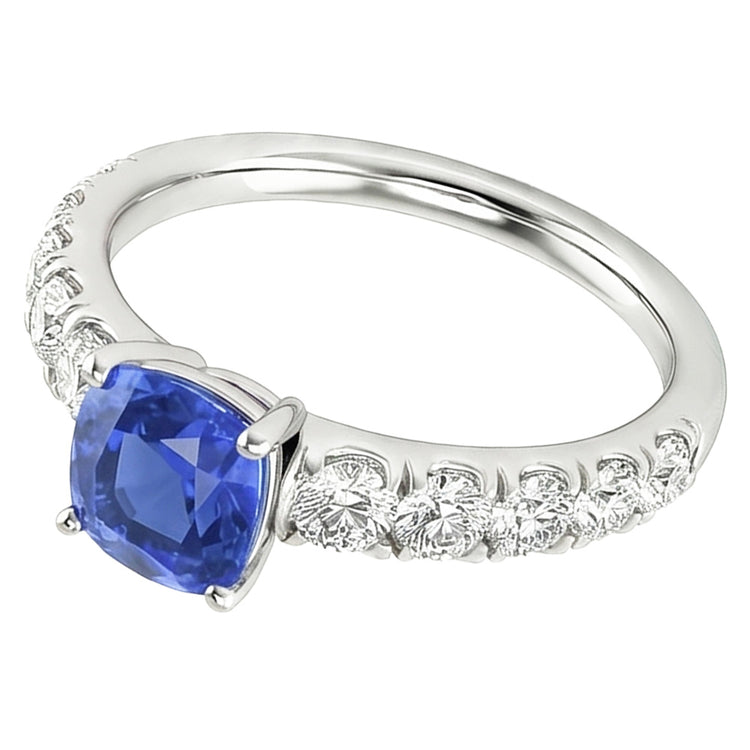 Bague Diamant Coussin Bleu Saphir 3 Carats Or Blanc 14K Bijoux