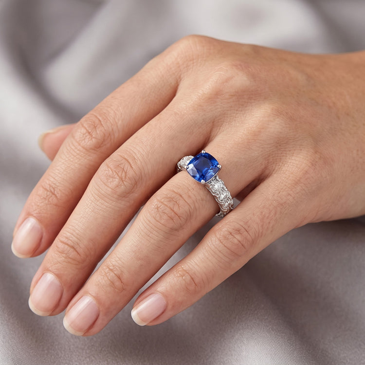 Bague Diamant Coussin Bleu Saphir 3 Carats Or Blanc 14K Bijoux