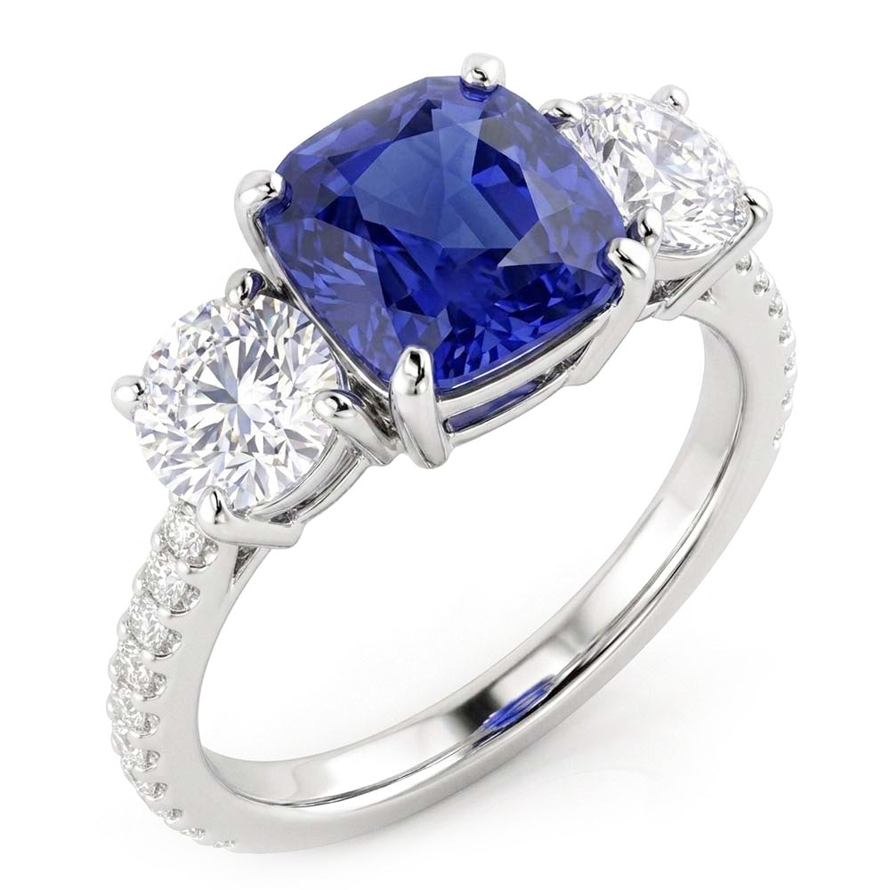 Bague Diamant Coussin Bleu Saphir 3 Style Pierre & Accents 3.50 Carats